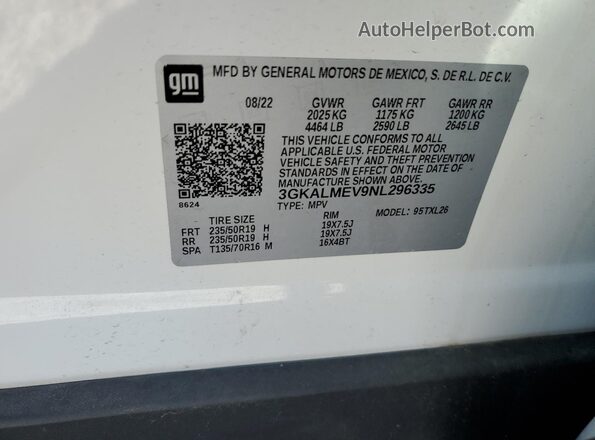 3GKALMEV9NL296335 2022 GMC TERRAIN White Vista de la etiqueta del VIN