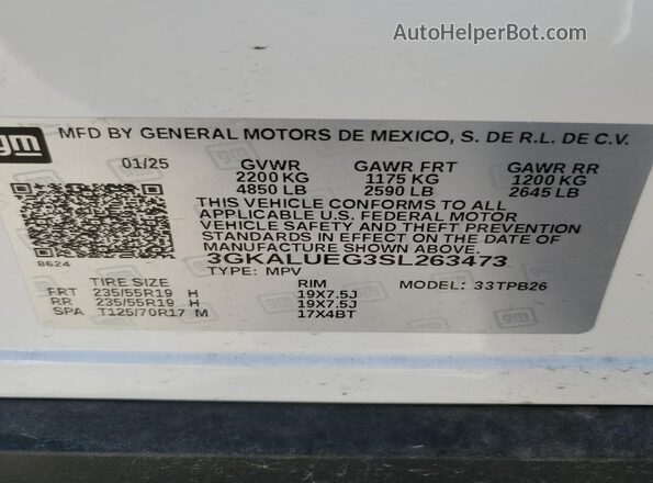 3GKALUEG3SL263473 2025 GMC TERRAIN White Vista de la etiqueta del VIN
