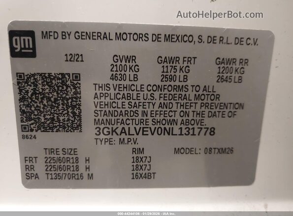3GKALVEV0NL131778 2022 GMC TERRAIN White Widok komory silnika