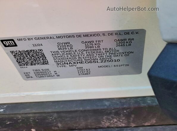 3GNAXHEG6SL225010 2025 CHEVROLET EQUINOX Белый Вид наклейки с VIN-кодом