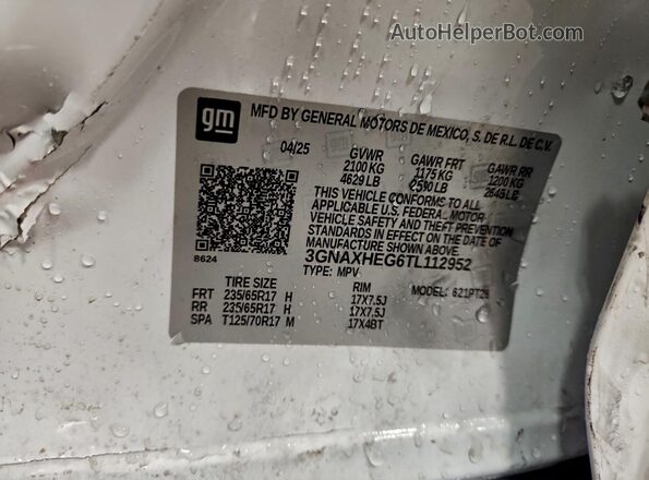 3GNAXHEG6TL112952 2026 CHEVROLET EQUINOX White VIN კოდის სტიკერის ხედი