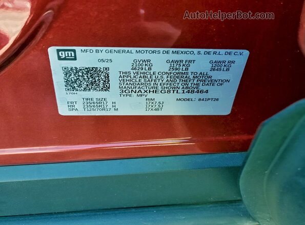 3GNAXHEG8TL148464 2026 CHEVROLET EQUINOX Красный Вид наклейки с VIN-кодом