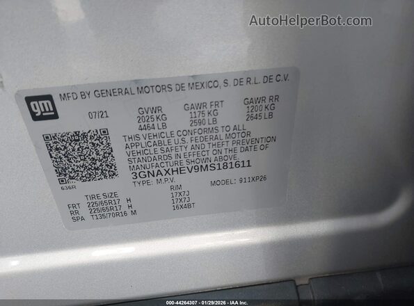 3GNAXHEV9MS181611 2021 CHEVROLET EQUINOX Silver Շարժիչի բաժամունքի տեսք