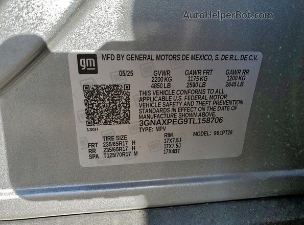 3GNAXPEG9TL158706 2026 CHEVROLET EQUINOX Gray Widok naklejki z numerem VIN