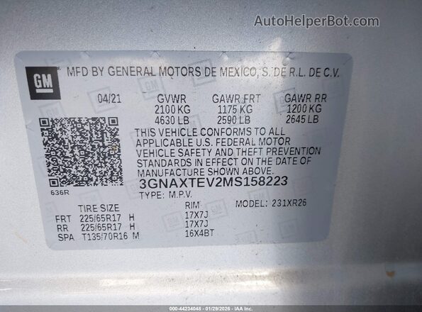 3GNAXTEV2MS158223 2021 CHEVROLET EQUINOX Silver Շարժիչի բաժամունքի տեսք