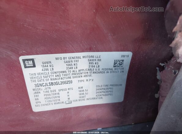 3GNCJLSB0GL266259 2016 CHEVROLET TRAX Red Вид підкапотного простору