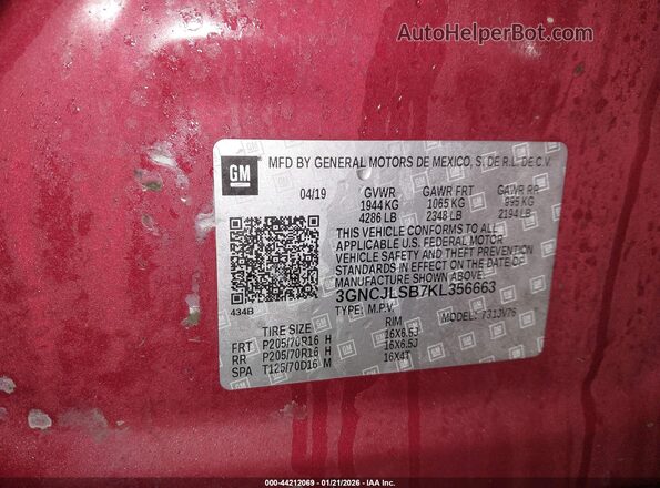 3GNCJLSB7KL356663 2019 CHEVROLET TRAX Red ძრავის განყოფილების ხედი