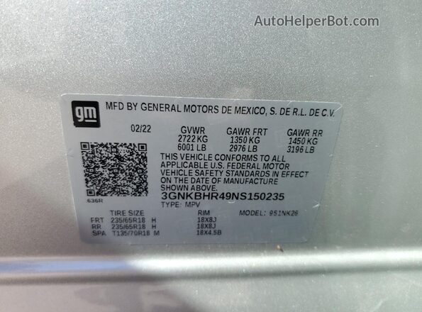 3GNKBHR49NS150235 2022 CHEVROLET BLAZER Silver Вид наклейки з VIN-кодом