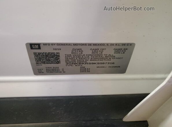 3GNKBKRS9KS597316 2019 CHEVROLET BLAZER White Widok naklejki z numerem VIN