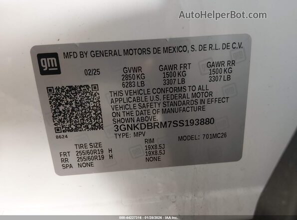 3GNKDBRM7SS193880 2025 CHEVROLET OTHER White Շարժիչի բաժամունքի տեսք