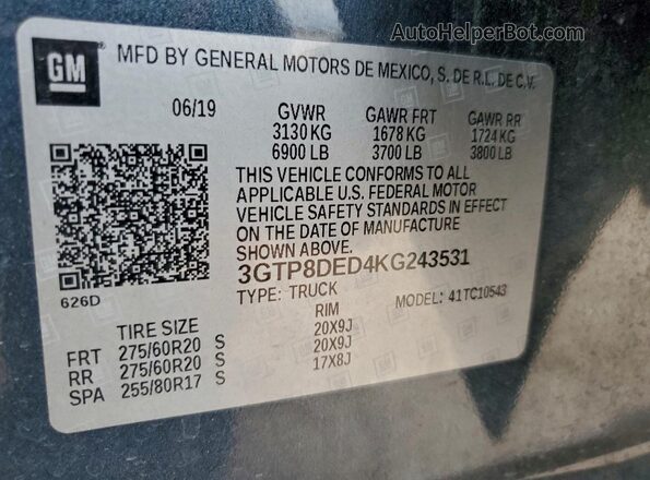 3GTP8DED4KG243531 2019 GMC SIERRA Gray Engine compartment view