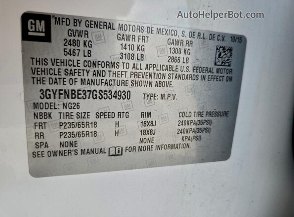 3GYFNBE37GS534930 2016 CADILLAC SRX White Vista del compartimento del motor
