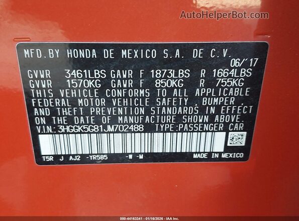 3HGGK5G81JM702488 2018 HONDA FIT Orange 