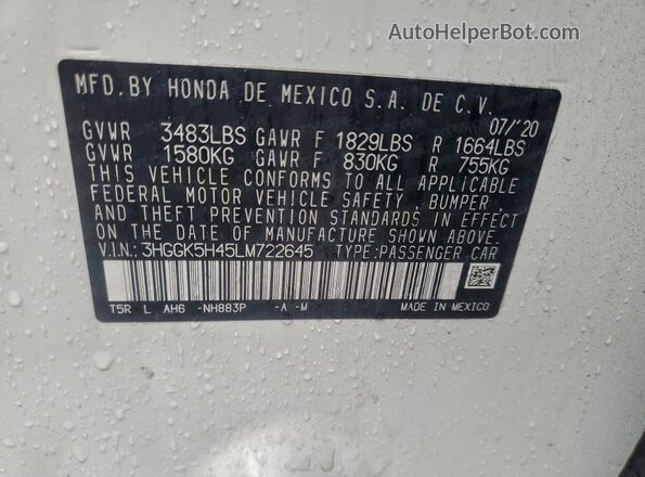 3HGGK5H45LM722645 2020 HONDA FIT White Widok wnętrza 360 stopni