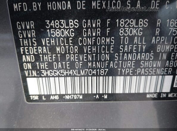 3HGGK5H4XLM704187 2020 HONDA FIT Gray Engine compartment view