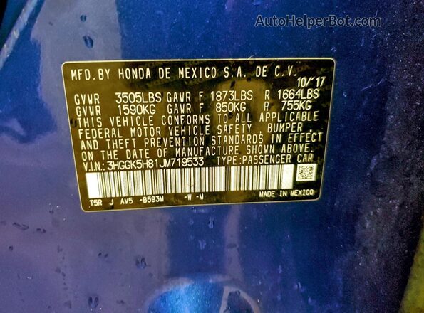 3HGGK5H81JM719533 2018 HONDA FIT Blue 