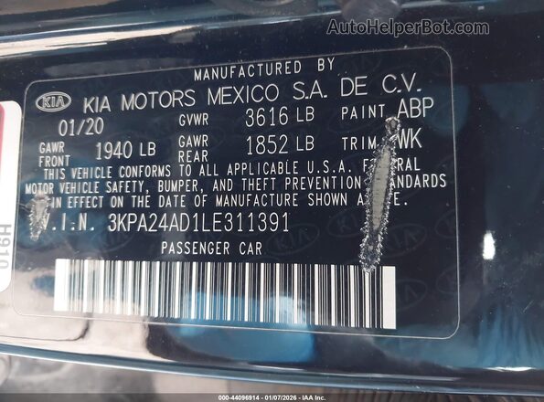 3KPA24AD1LE311391 2020 KIA RIO Черный Вид подкапотного пространства