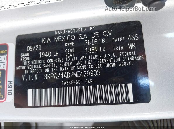 3KPA24AD2ME429905 2021 KIA RIO Silver ძრავის განყოფილების ხედი