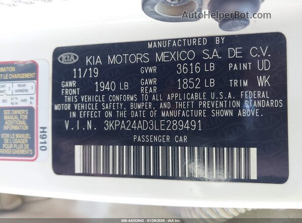 3KPA24AD3LE289491 2020 KIA RIO Белый Вид подкапотного пространства