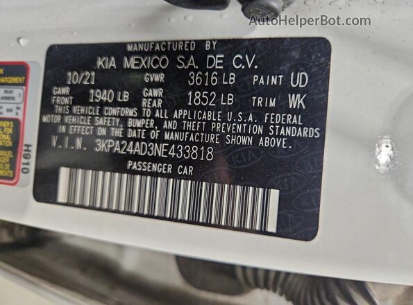 3KPA24AD3NE433818 2022 KIA RIO White Շարժիչի բաժամունքի տեսք