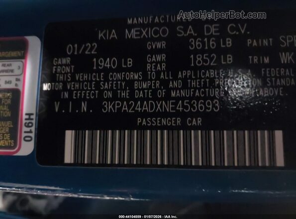 3KPA24ADXNE453693 2022 KIA RIO Blue Widok komory silnika