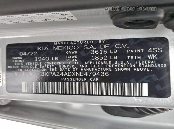 3KPA24ADXNE479436 2022 KIA RIO Silver Вид підкапотного простору
