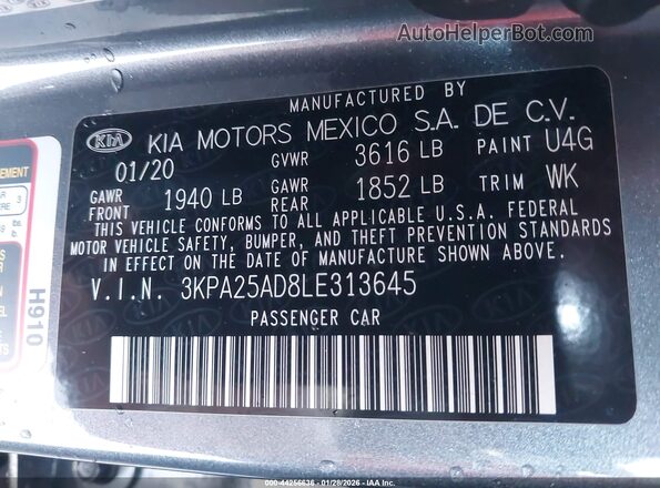 3KPA25AD8LE313645 2020 KIA RIO 5-DOOR Gray Շարժիչի բաժամունքի տեսք