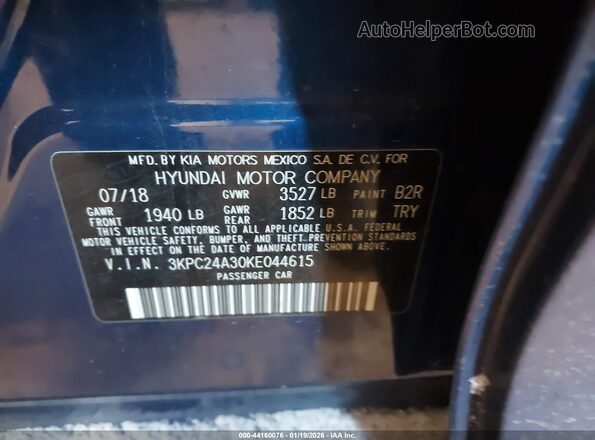3KPC24A30KE044615 2019 HYUNDAI ACCENT Blue Vista del compartimento del motor