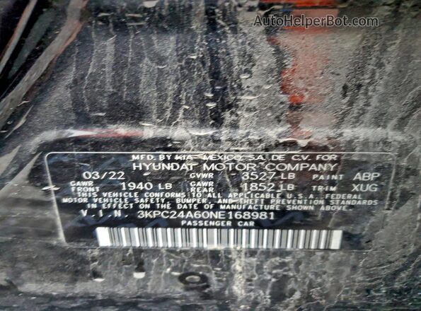3KPC24A60NE168981 2022 HYUNDAI ACCENT Черный Вид наклейки с VIN-кодом