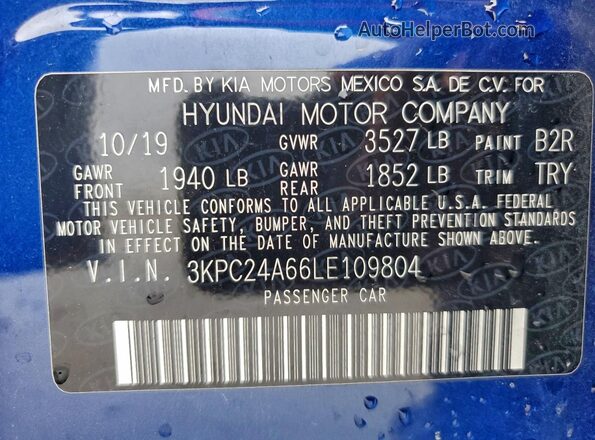 3KPC24A66LE109804 2020 HYUNDAI ACCENT Синий Вид наклейки с VIN-кодом