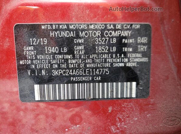 3KPC24A66LE114775 2020 HYUNDAI ACCENT Red Vista del compartimento del motor