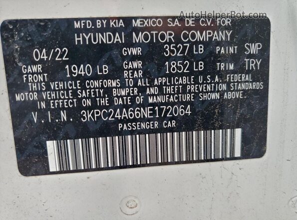 3KPC24A66NE172064 2022 HYUNDAI ACCENT Белый Вид наклейки с VIN-кодом