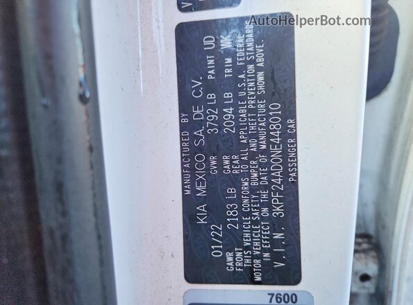 3KPF24AD0NE448010 2022 KIA FORTE White Вид наклейки з VIN-кодом