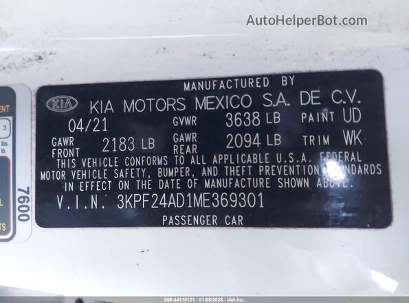 3KPF24AD1ME369301 2021 KIA FORTE White Widok komory silnika