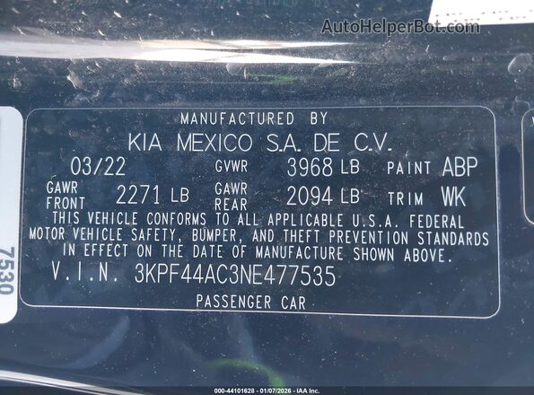 3KPF44AC3NE477535 2022 KIA FORTE Black Вид підкапотного простору