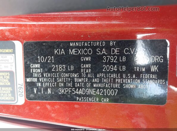 3KPF54AD9NE421007 2022 KIA FORTE Orange ძრავის განყოფილების ხედი