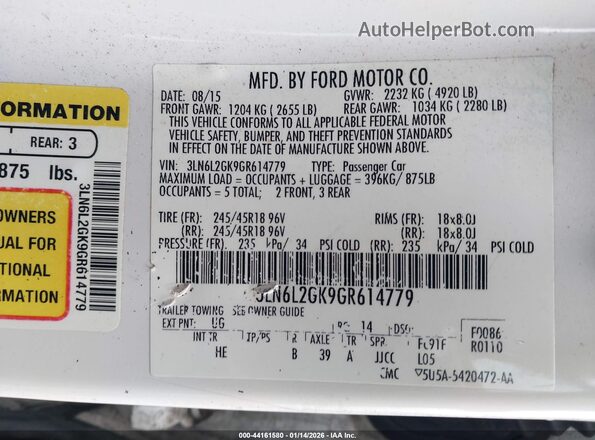 3LN6L2GK9GR614779 2016 LINCOLN MKZ White ძრავის განყოფილების ხედი