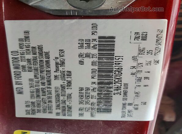 3LN6L2GKXGR619151 2016 LINCOLN MKZ Red VIN კოდის სტიკერის ხედი
