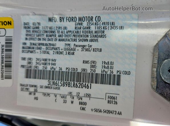 3LN6L5B98LR620461 2020 LINCOLN MKZ Белый Вид подкапотного пространства