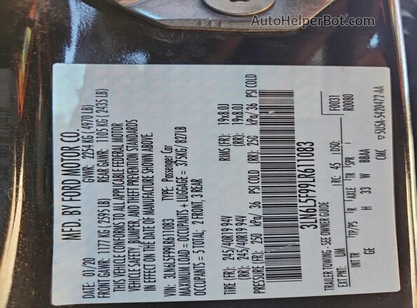 3LN6L5F99LR611083 2020 LINCOLN MKZ Черный Вид наклейки с VIN-кодом