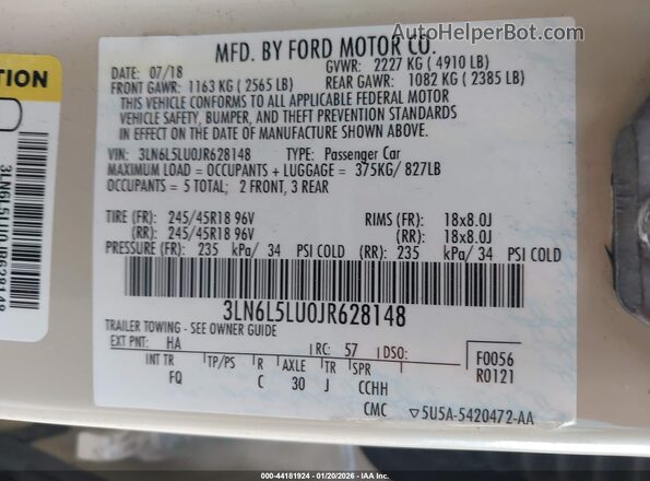 3LN6L5LU0JR628148 2018 LINCOLN MKZ HYBRID Beige Engine compartment view