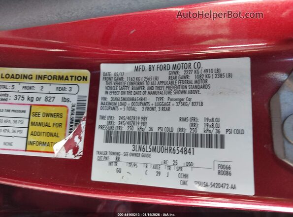 3LN6L5MU0HR654841 2017 LINCOLN MKZ HYBRID Red Engine compartment view