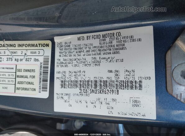 3LN6L5MU3KR624918 2019 LINCOLN MKZ HYBRID Blue 