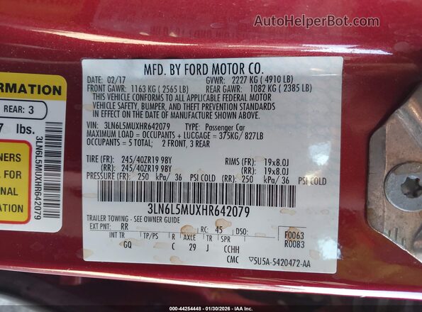 3LN6L5MUXHR642079 2017 LINCOLN MKZ HYBRID Red Vista del compartimento del motor