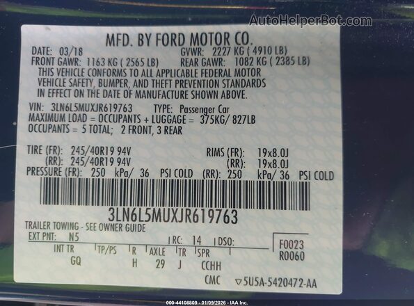 3LN6L5MUXJR619763 2018 LINCOLN MKZ HYBRID Blue Engine compartment view