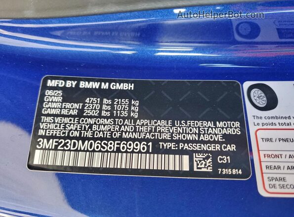 3MF23DM06S8F69961 2025 BMW M2 Blue Вид наклейки з VIN-кодом