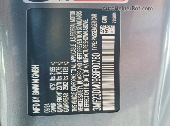 3MF23DM09S8F00780 2025 BMW M2 Silver VIN sticker view
