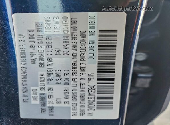 3MVDMACL5LM133340 2020 MAZDA CX-30 Blue Widok naklejki z numerem VIN