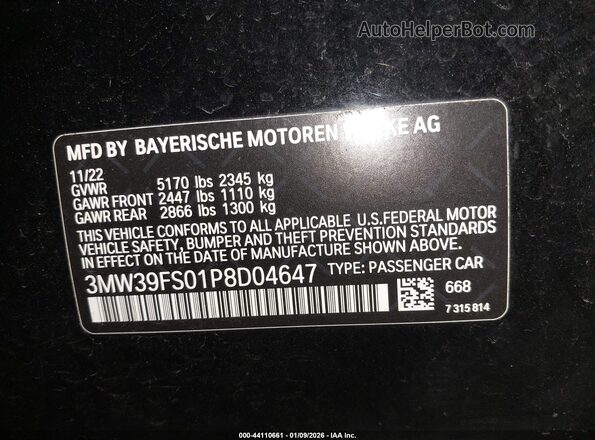 3MW39FS01P8D04647 2023 BMW 3 SERIES Black ძრავის განყოფილების ხედი