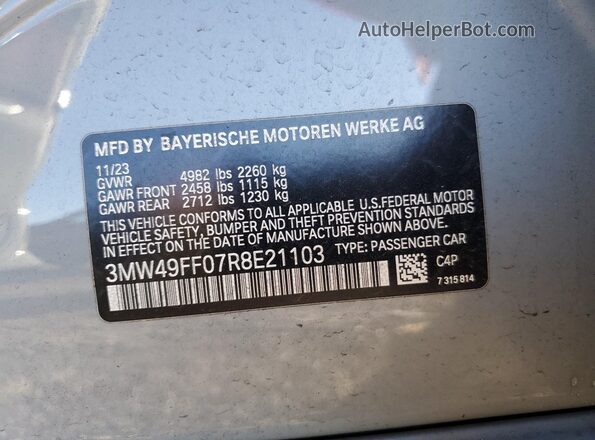 3MW49FF07R8E21103 2024 BMW M3 Gray VIN კოდის სტიკერის ხედი